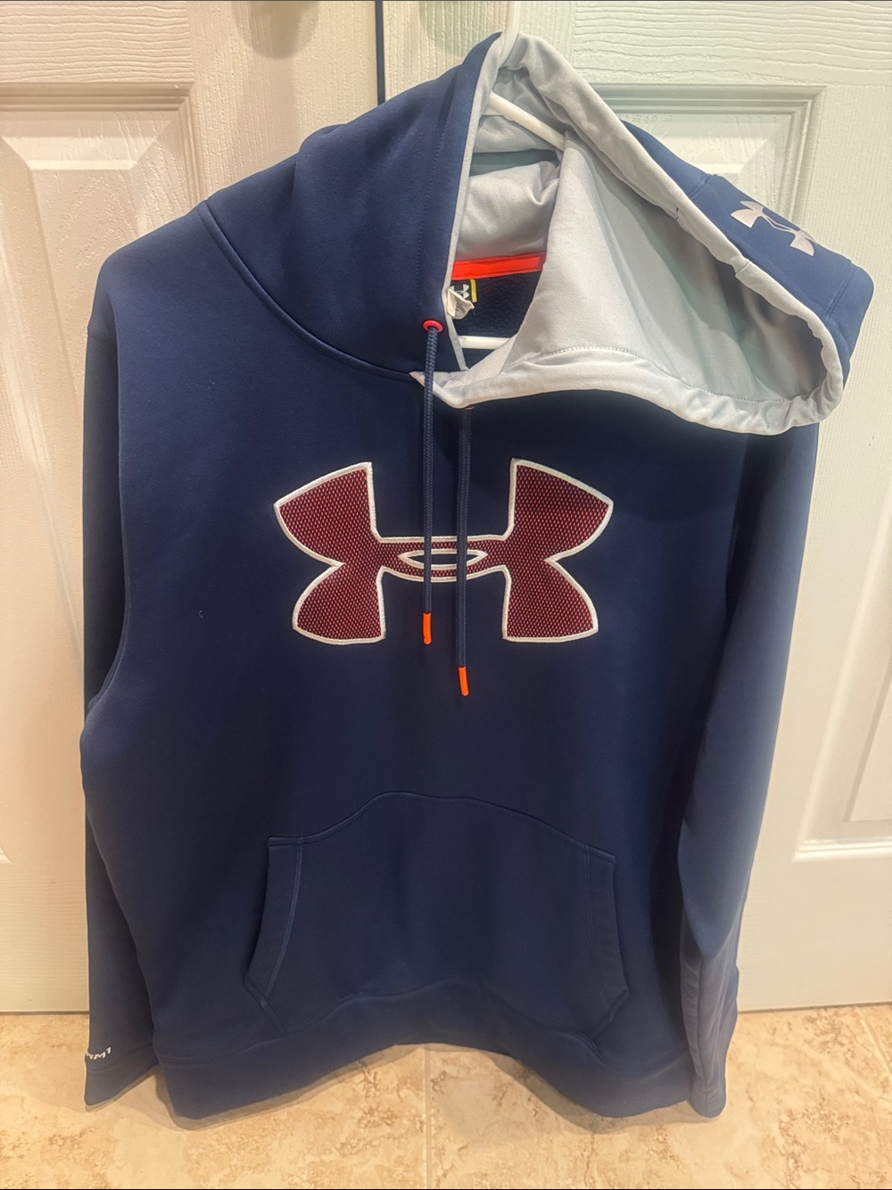 Under Armour Navy Pullover Hoodie with Maroon Logo and Orange Accents